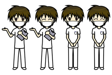 シンプルキャラクター　会話・表情イラスト集　看護師（マスク）　男性　案内