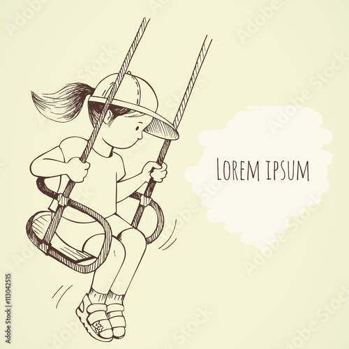 Little Girl Swinging On A Swing Drawing By Hand Background