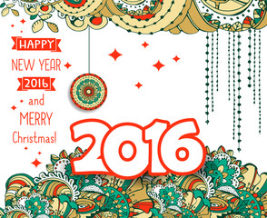 Happy New Year 2016 celebration background.Typography poster or card template with doodle style ornament.