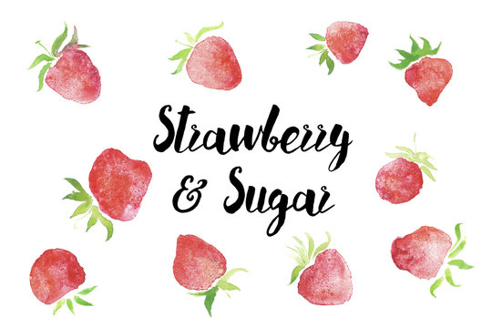 Organic strawberry banner bio food vegan line with free sugar and nature berries, eco illustrations.