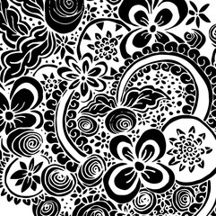 Black Bandana Print with flowers ornament and doodle style elements. Design for your silk neck scarf. Kerchief square pattern