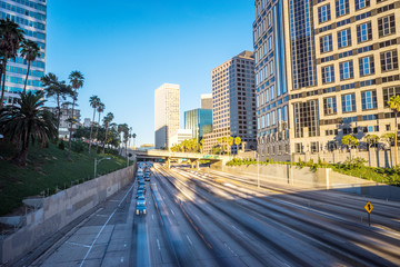 busy traffic on road in downtown of los angeles