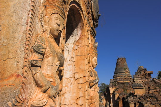 Complex of unrestored shrines and stupas at Nyaung Ohak Monastery (Under the Banyan Trees monastery), Indein, Inle Lake, Shan State