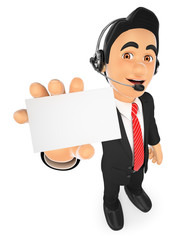 3D Call center employee with a blank card