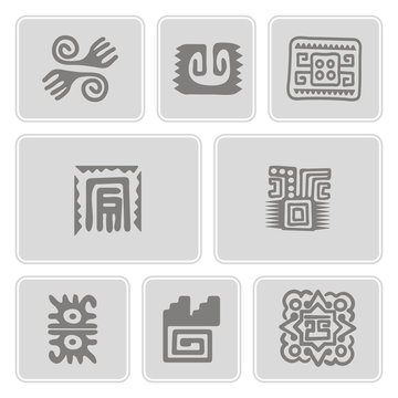 Set of monochrome icons with American Indians art and ethnic ornaments