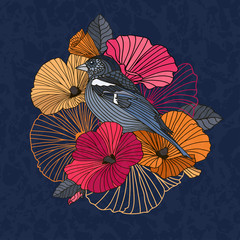 Obrazy  Vintage ilustracji wektorowych ptaka z kwiatami w ogrodzie. Streszczenie kwiaty i ptak w ogrodzie w kolorze czerwonym i pomarańczowym na ciemnym tle