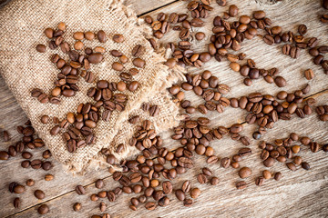 Piece of  burlap with  coffee beans