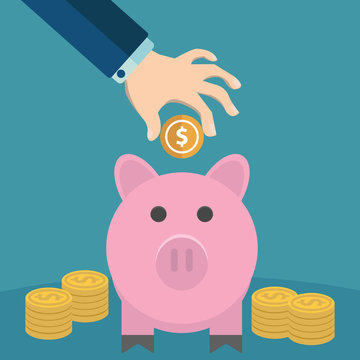 Hand putting coin and money into a piggy bank. Saving and investing money concept. vector illustration in flat design. infographics web design elements