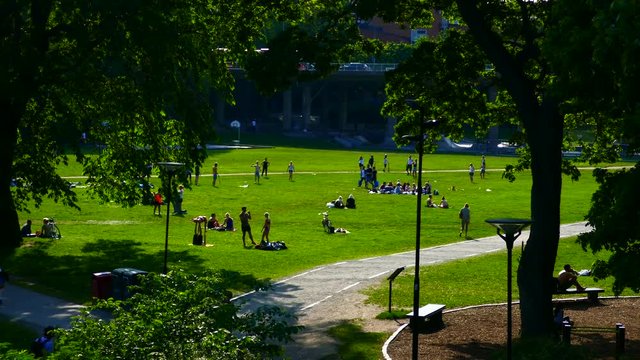STOCKHOLM, SWEDEN, JUNE 2016: Long shot of unrecognized crowd of people enjoying summer and sunbathing in the sun in a park - picnic