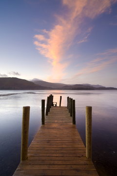 Jetty and Derwentwater at sunset, near Keswick, Lake District National Park, Cumbria