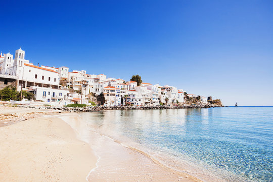 Beautiful view at Andros town with beach, Andros island, Cyclades, Greece