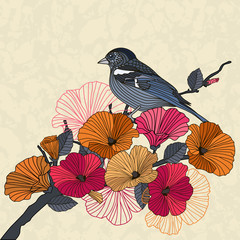 Vintage vector illustration of a bird with flowers in the garden. Abstract red and orange flowers and a bird on a branch in the garden on a beige background