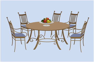 Living room furniture, chairs and a round table, a bowl of fruit. Vector illustration, hand drawing.