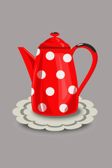 Restored vintage red enamel coffee pot with polka dots and a napkin. Vector illustration, hand drawing.