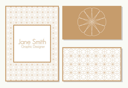 A4 size and two-sided business card templates. Vector design layouts. Leaflet presentation. Abstract floral design in white and golden colors. Business solution. 