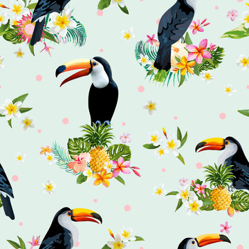 Toucan Bird. Tropical Flowers Background. Retro Seamless Pattern