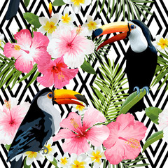 Fototapeta premium Tropical Birds and Flowers. Geometric Background. Vintage Seamless Pattern