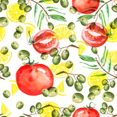 Panele Szklane Podświetlane  Akwarela bezszwowe wzór. Oliwki, plasterki cytryny, gałązki, jagody, warzywa na białym tle
