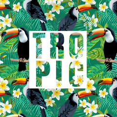 Tropical Flowers and Leaves. Toucan Bird. Vector Background. Exotic Background