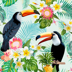 Plakaty  Tropikalne kwiaty i ptaki tło. Vintage wzór.