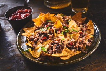 Tortilla chips garnished with cilantro and beef