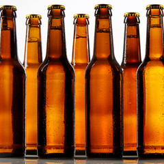Close up view of tall beer bottles with metal caps