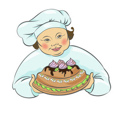 cook with cake, pie. Isolated vector illustration, hand drawing