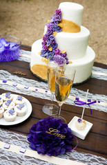 Obraz na płótnie Canvas Wedding table arrangement with wedding cake, mini muffins, champagne glasses and other decorations