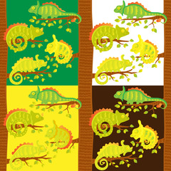 Set of seamless pattern with chameleons on the tree