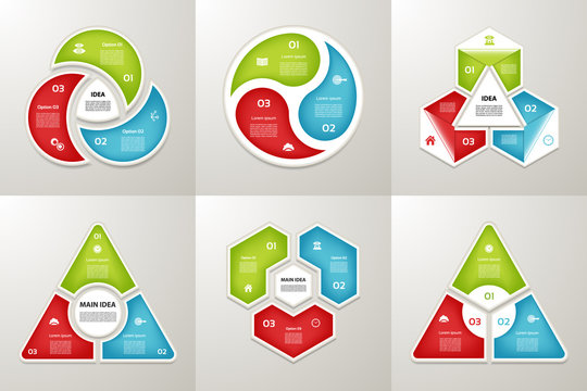 Collection of Infographic Templates for Business. Three steps cycling diagrams. Vector Illustration.
