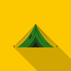 Green canvas tent icon, flat style
