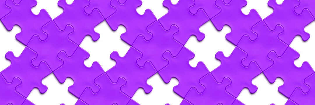 big diagonal purple jigsaw puzzle pieces interlocking with some missing pieces  (seamless texture, 1x3 format, 3d illustration)