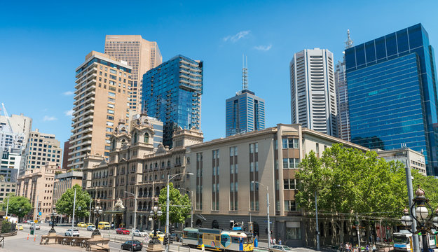 Melbourne skyline looking towards Flinders Street Station. Austr