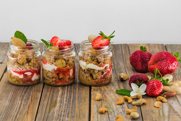 fresh berries, strawberry, glass jar with Breakfast