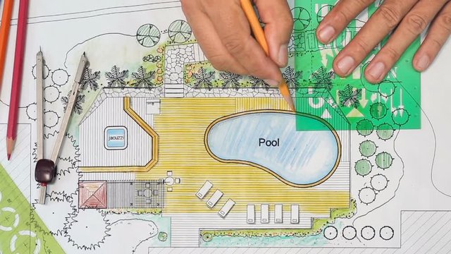 Landscape architect designs backyard plan with Pool for villa