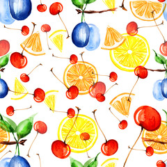 Panele Szklane  Wzór cytryny, śliwki, wiśni, jagód, plasterków cytryny i pomarańczowej akwareli
