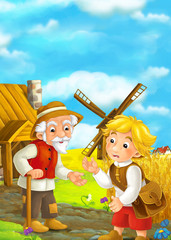 Beautifully colored scene with cartoon character - old man standing and talking or greeting someone or son - windmill in the background - illustration for children