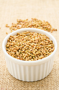 Fenugreek seeds in white bowl.