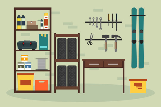 Flat garage inside. Working place with tools in storeroom. Garage interior. Tools, worker tools, tires, hummer, boxes, shelves, skis, table in store. Vector interior illustration.