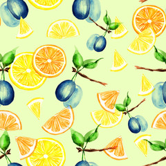 Pattern lemon, plum, slices of lemon and orange watercolor 