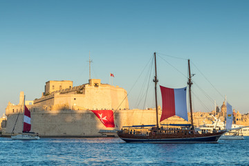 Fort St. Angelo and Sail ship, Grand Harbour, Birgu, Malta, Euro