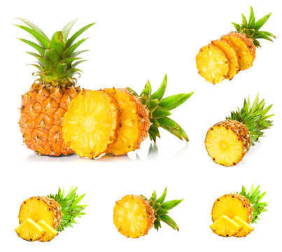 Collection pineapple with slices on white background. 
