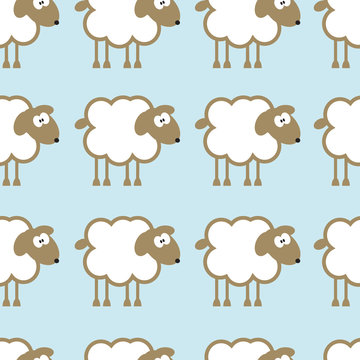 Seamless pattern with sheep on blue background.