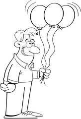 Black and white illustration of a man holding balloons.