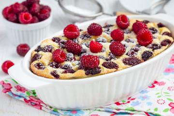 Homemade casserole with cottage cheese, semolina and raspberries, horizontal