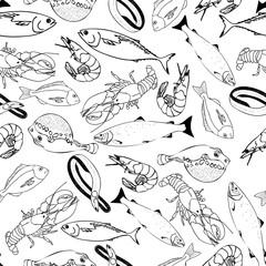 Fototapeta premium Marine fish on a white background seamless pattern for restaurant menus, cards, books, wrapping paper