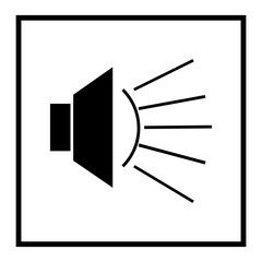 Ioudspeaker icon in black square on white background. Warning sign. Object communication. Alarm mark. Symbol broadcast, volume and audio. Flat vector image. Vector illustration.  