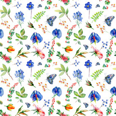 Seamless pattern with blue Sweet pea, Lathyrus odoratus, leaves. Watercolor flowers. Vintage. Can be used for gift wrapping paper and other backgrounds.