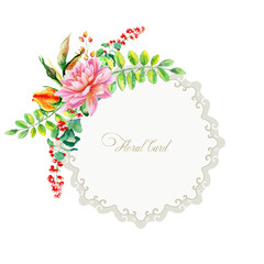 Round frame of watercolor dahlia and some leaves, berries. Watercolor  illustration of flowers. Can be used as a greeting card. 