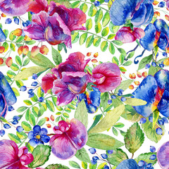 Seamless pattern with pink, blue Sweet pea, Lathyrus odoratus, leaves. Watercolor flowers. Vintage. Can be used for gift wrapping paper and other backgrounds.